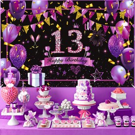 Purple 13th Birthday Decorations Banner Purple Black Gold Happy Birthday Sign Large Shiny Purple Black 13th Birthday Backdrop Background for Girls 13th Birthday Anniversary Party Supplies