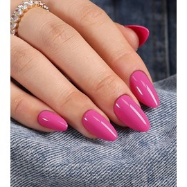 Kikmoya Short Almond Press on Nails - Hot Pink Fake Nails with Designs Reusable Acrylic False Nails Glossy Full Cover Stick on Nails for Women 30 Pcs