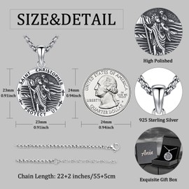Aniu S925 Sterling Silver Saint Christopher Necklace for Men Women St Christopher Medal Pendant Catholic Medallions Jewelry Birthday Fathers Day Gift Jewelry