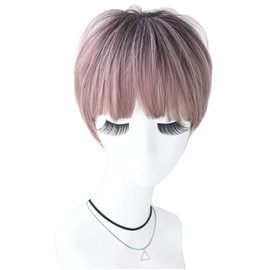 Full Wig Handsome Short Short Bangs Gradient Hair Arrangement Neckline Volume Curl Straight Whorl Heat Resistant Natural Volume Loss (Ash Pink Gray Jubin)