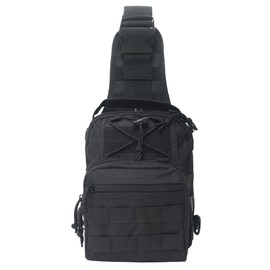 Tactical Sling Bag, Military Chest Shoulder Pack Bag,Rover Sling Daypack for Men Women, Camping Hiking Trekking(Two American Flag Patch Optional or Not)-Black