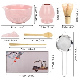 PHILORN Matcha Whisk Set 8Pcs Ceramic Matcha Kit Matcha Bowl with Spout, Whisk, Holder, Bamboo Scoop, Scoop Rest, Sifter and Tea Towe for Matcha Lover and Tea Ceremony (Pink)
