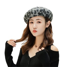 Women Classic Leopard Print French Wool Beret Hat Painting Artist Classic Leopard Print Beret Soft Stretchy Warm Fashion Beret Cap for Autumn Winter Grey