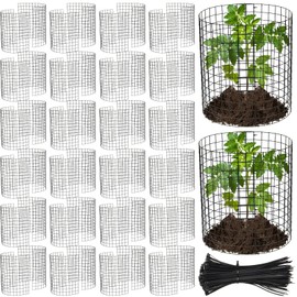 Therwen 48 Pieces Wire Plant Protectors from Animals, 14'' Dia x 14'' H Metal Wire Plant Cages with 50 Stakes and 200 Zip Ties, Protect Vegetables Flower from Rabbits Chickens Ducks