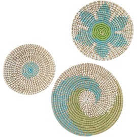 Set of 3 Hanging Woven Wall Basket for Home Decor, Boho Coastal Beach Rattan Seagrass Wicker Baskets Set, Beige, Light Green, and Teal Blue color
