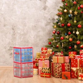 Relaxdays Christmas Bauble Storage Box, 64 Compartments, H x W x D: 31 x 30 x 30 cm, Christmas Tree Bauble Box, Transparent/Red
