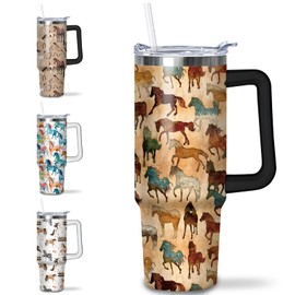 puhnhsv 30 oz Horse Tumbler With Handle and Straw, 30oz Insulated Stainless Horse Tumbler Coffee Travel Mugs Cup Water Bottle Horse Lovers Gifts for Women Girls