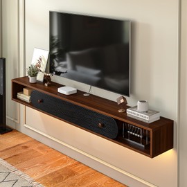 FurniNova Floating TV Stand Wall Mounted 47'', Modern Media Console with 2 Open Cabinets and 1 Door,Wall Mount TV Console for Living Room Bedroom,Walnut and Black