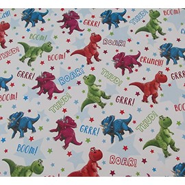 Boys Dinosaur Birthday Wrapping Paper - Happy T Rex & Triceratops - 2 Sheets & 1 Tag