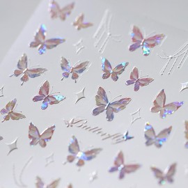 Pink Butterfly Nail Stickers Holographic Butterfly Nail Art Decals Cute Stickers for Nails Designs Self Adhesive Nail Art Supplies & Decorations for Women Girls DIY Manicure 1 Sheet