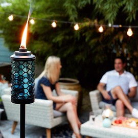 TIKI Brand Honeycomb Outdoor Torch, Blue - Decorative Outdoor Lighting for Patio, Backyard, and Lawn, 65 in, 1120112