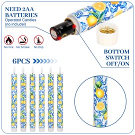 FYSUIMU 6 Pcs Lemon Flameless LED Candles Blue Tiles Yellow Lemon Battery Operated Candles Chinoiserie Electric Candle Boxed for Summer Fruit Party Home Table Centerpiece Decor