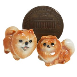 2 Pomeranian Dogs Puppy Miniature Animal Statue Pottery Figurine Ceramic (1:12)