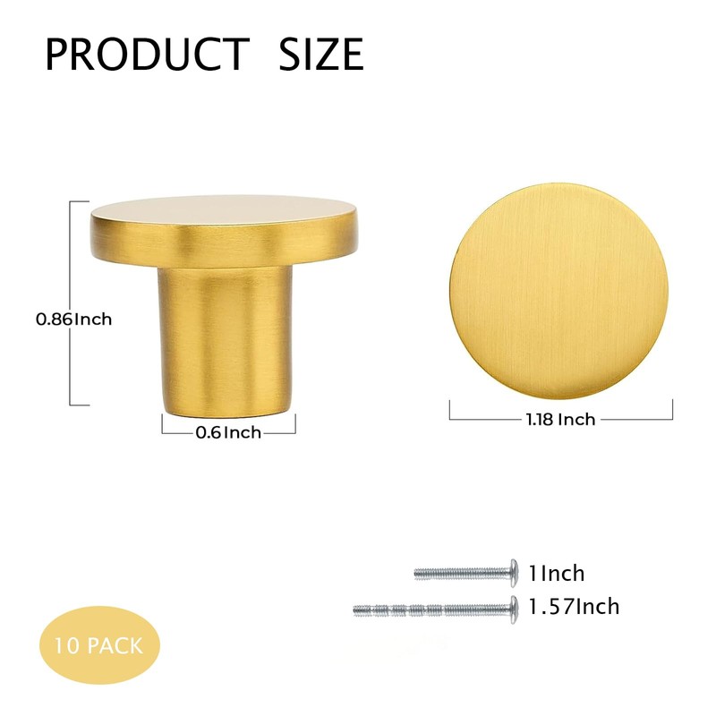 PACIOCEAN 10 Pack Round Dresser Knobs Gold Cabinet Knobs(1.18" Diameter),Solid