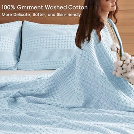 PHF 100% Cotton Waffle Weave Blanket King Size, Soft Lightweight Breathable Cozy Summer Blankets for Bed, Luxury Aesthetic Woven Bedding for Home Decor, 108"x90", Baby Blue