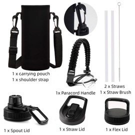 Vacuum Insulated Water Bottle with Straw, Paracord Handle & 3 Lids, Carrying Pouch BPA Free Double Wall Stainless Steel Wide Mouth Water Jug, Leakproof Keep & Cold Hot Sports Flask (32oz Black)