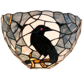 Bieye L10958 Raven Sitting on Tree Branch Against Full Moon Tiffany Style Stained Glass Wall Sconces Light Fixture for Home Decor