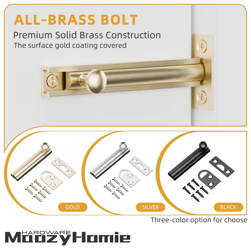 MaozyHomie 4 Inch Solid Brass Surface Bolt, Heavy Duty Concealed