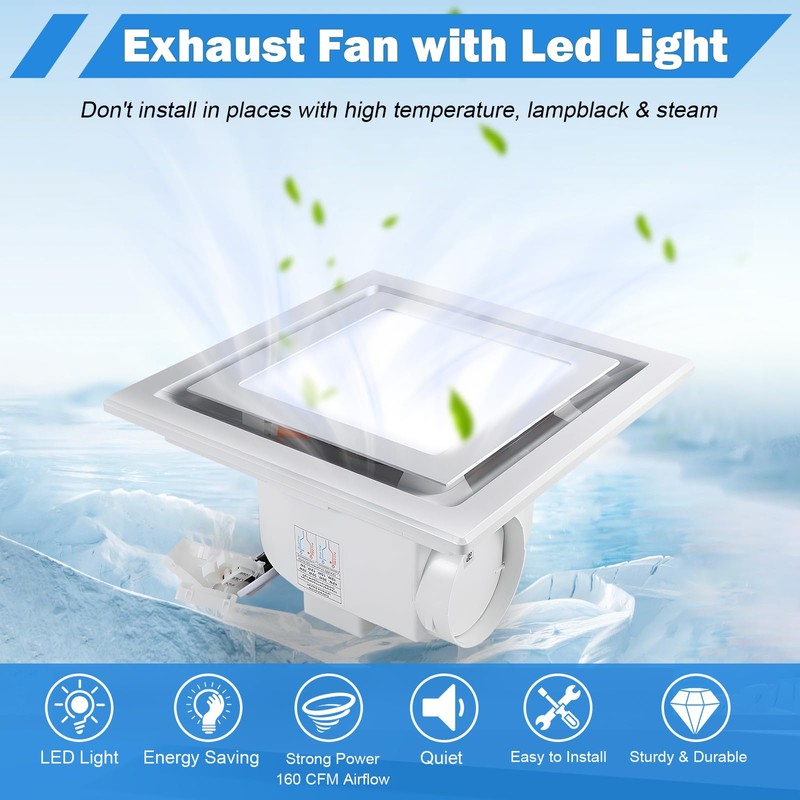FEITON Square Bathroom Exhaust Fan with Light, 160 CFM 35W