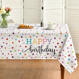 Horaldaily White Happy Birthday Tablecloth 52×70 Inch Rectangular, Gold Star Printed White Table Cover for Birthday Decoration, Birthday Party Supplies