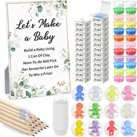 Blosssound 103 Pcs Lets Make a Baby Playdough Game Baby Shower Activities for 24 Guests Adults Funny Greenery Shower Games Set with Wood Sign Pencils Eucalyptus Gender Reveal Game Large Groups