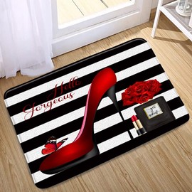 QWRSMYX Black White Stripe Bath Mat Red High Heel Perfume Bottle Lipstick Romantic Love Fashion Bathroom Rugs Microfiber Memory Foam Non Slip Backing Bedroom Kitchen Doormat 17.8x29.5 Inch