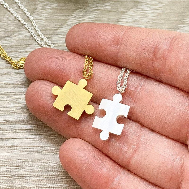 Gold Silver Interlocking Jigsaw Puzzle Piece Necklace Set for 2