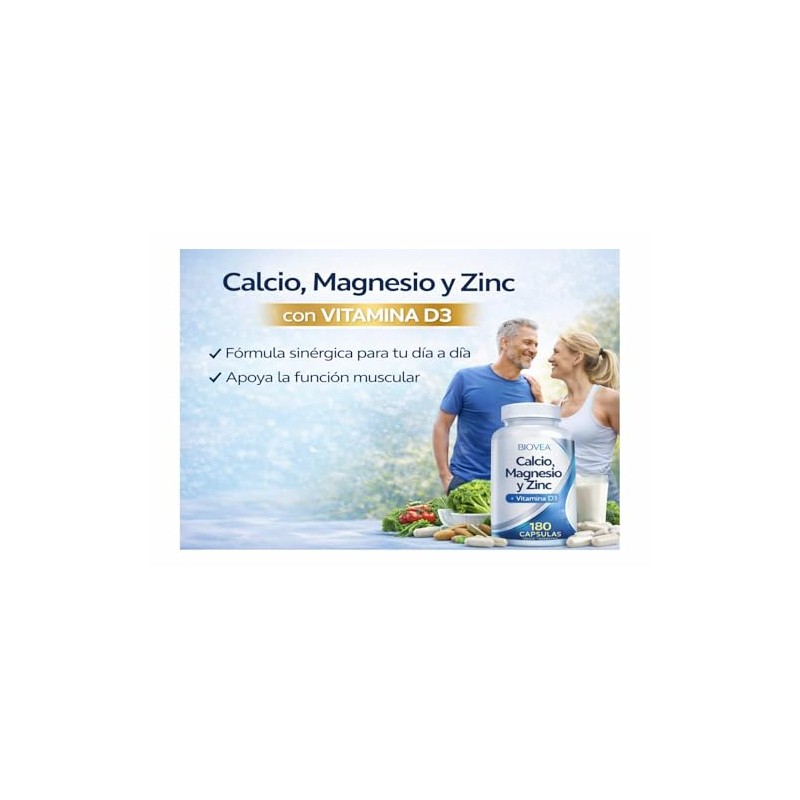 Biovea Calcio, Magnesio y Zinc con vitamina D3 frasco de