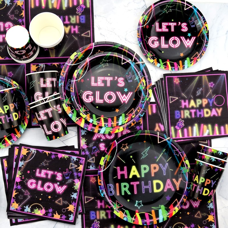 Glow Neon Party Tableware Supplies Serves 20 - Includes Plates,
