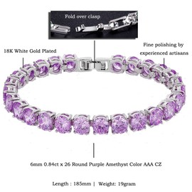 RIZILIA Round Cut Simulated Purple Amethyst CZ 18K Gold Plated Tennis Bracelet, 7"