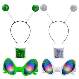 Alien Costume with Antenna Headband Colorful Glasses Face Glitter for Cosplay Space Theme Costume Party (2, Silver and Green)