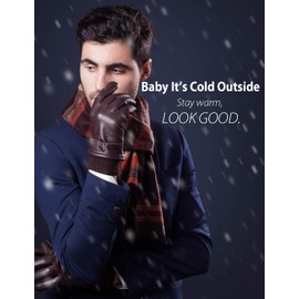 YISEVEN Men's Ribbed Cuff Fleece Lined Lambskin Leather Gloves Touchscreen Winter Warm Soft Genuine Sheepskin Luxury Dress Fashion Driving Motorcycle Cold Weather Gifts, Brown 10.5"/XXL