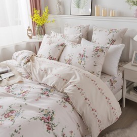 FADFAY Duvet Cover Set Queen Sweet Pink Rose Floral Bedding Shabby Peony Flower Quilt Cover Set Vintage Farmhouse Bedding 100% Cotton Soft Comforter Cover Set with Zipper Closure 3Pcs, Queen Size