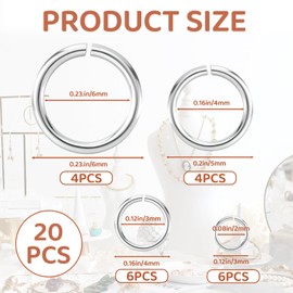 20Pcs 925 Sterling Silver Jump Rings, 6mm 5mm 4mm 3mm Small Necklace Jewelry Clasp Open Split Rings for Necklace Bracelet Earring Charm Connector, Jewelry Making Supplies (Silver)