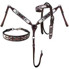 Showman 3 Piece Argentina Cow Leather Headstall & Breast Collar Set w/Navajo Beaded Inlays! New Horse TACK!