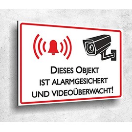 Aluverbund Sign, Objekt Alarmgesichert und Videoüberwacht, UV Print, 20 x 30 cm, 3 mm Aluminium Composite, Made in Germany, Item No. 1027