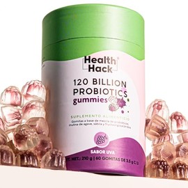 Gomitas de Probioticos 120 Billones y 14 Cepas sabor Uva | 60 gomitas con Inulina de Agave, Enzimas Digestivas y Prebioticos | Ingredientes Naturales, Sin Azúcar | Health Hack