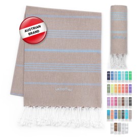 LeStoff Turkish Hammam Towel - Quick Drying & Lightweight Peshtemal for Beach, Sauna, Bath, Travel, Yoga & Camping Sand-Proof Blanket 100% Organic Cotton Eco-Friendly (95 x 180 cm, Beige - Light Blue)