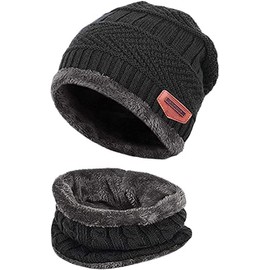 Lonnalee Winter Hat Men Women Skiing Neck Warmer Scarf 2 Pieces Comfortable Soft Stretchy Hat Fashion Thick Knitted Hat and Scarf Winter Hat Scarf Warm, black
