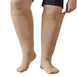 PUTUO Plus Size Compression Sock For Women: Men Graduated Compression Stockings for Support Flight Travel Running Pregnancy Sports Edema Nurses Seniors Athletic Socks 20-30 mmHg Beige S/M 1Pairs