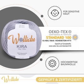 Wollidu Kira 100% Cotton for Knitting and Crocheting 4 x 50 g Set Crochet Yarn Knitting Yarn Light Grey