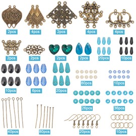 SUNNYCLUE 1 Box 10 Sets Chandelier Earring Making Kit Tibet Style Bohemian Charms Boho Earrings Bulk Lucky Turquoise Bead Glass Beads for Jewelry Making Kits DIY Dangle Earrings Women Adult Supplies