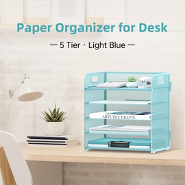 Supeasy 5 Trays Paper Organizer Letter Tray with Handle-Mesh Desk File Organizer, Paper Sorter Desk Organizer for Office, Home or School (Light Blue)