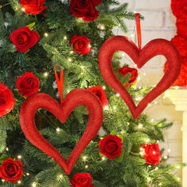 Syhood 2 Pcs 10 Inch Valentine Heart Tree Ornaments Large Heart Ornaments Valentine's Day Decor Valentine's Day Wreath for Christmas Tree Front Door Wall Mantel Party Decor (Red)