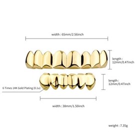YOSZO 18K Gold Plated Gold Finish 8 Top Teeth 6 Bottom Tooth Hip Hop Teeth Grillz + 2 Molding Bars for Men and Women (gold)