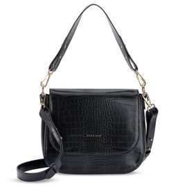 Expatrié Umhängetasche Damen Schwarz Kroko - Louise Large - Moderne Handtasche aus Veganem Leder - Crossbody Bag für den Alltag - Flexible Taschengurte