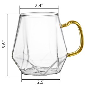 WRINGKIT Set of 4 Glass Coffee Cups, 12 Oz Clear Glass Tea Mugs with Gold Handle, Diamond Shape Espresso Liquor Drinking Mugs for Latte, Cappuccino, Juice, Milk, Beverages