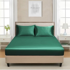 Satin Fitted Sheet, 180 x 200 cm, Dark Green, Green, Plain Pattern, Box Spring Bed Topper, Terry Cloth, Shiny Silk Fitted Sheet, 180 x 200 cm Fitted Sheets for High Mattresses up to 25–30 cm