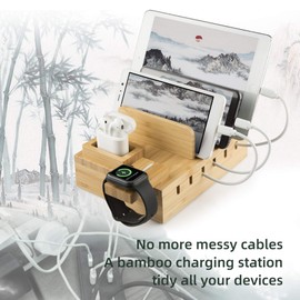 YOJA Ladestation für mehrere Geräte, Bambus, YOJA 5-Port-USB-Multi-Ladestation, Holz für Handy, Tablet, Uhr, Kopfhörer, Uhrenpods, USB-Ladegerät mit 5 kurzen Kabeln, Bambus-Design