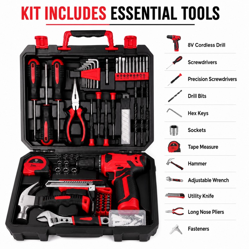 126-Piece Home Tool Kit with 8V Cordless Drill – Rechargeable